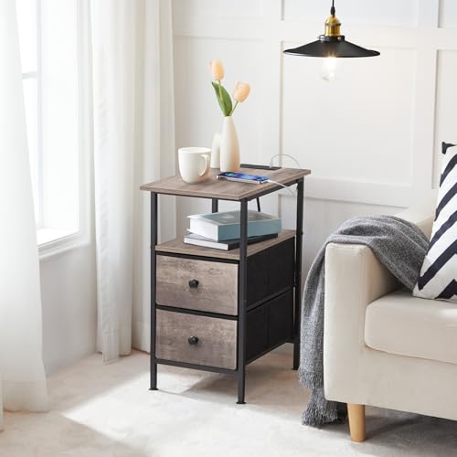 HOOBRO End Table with Charging Station, Narrow Side Table, Nightstand with 2 Non-Woven Drawers, Slim Sofa Side Table, for Small Spaces, Living Room, Bedroom, Greige and Black BG486UBZ01 - color: Greige + Black, size: 11.8"L x 18.9"W x 23.6"H