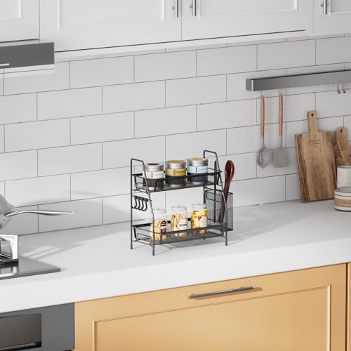 VITVITI 2-Tier Bathroom Organizer Countertop, Metal Wire Mesh Bathroom Counter Organizer Storage with Basket Hooks, Vanity Tray Shelf, Kitchen Spice Rack, Small Black - color: 2 Tier Small Black