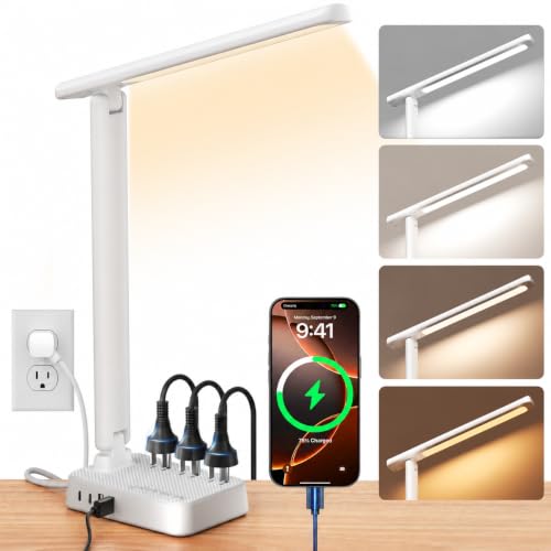 LED Desk Lamp with Power Strip, 3 AC Outlets, 4 USB Ports, Stepless Dimming | 2800K-6500K Color, 2 USB-C, Foldable Design, Timer & Memory, Study, Home Office & College Dorm, 5FT Cord - color: White, 5FT