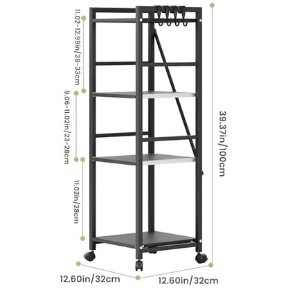 4-Tier Kitchen Cart with Locking Wheels, Height Adjustable Storage Shelf, 10kg Per Layer Load Capacity, Carbon Steel Rolling Utility Rack for Pantry, Bathroom, Office Black Triple Layer