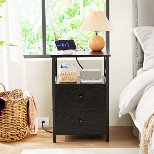AMHANCIBLE Nightstands Set of 2, Large Night Stand with Charging Station | Bedside Table with 2 Fabric Drawers, End Side Tables Living Room, with Open Shelf, USB Ports Outlets, for Bedroom, Black - color: Black