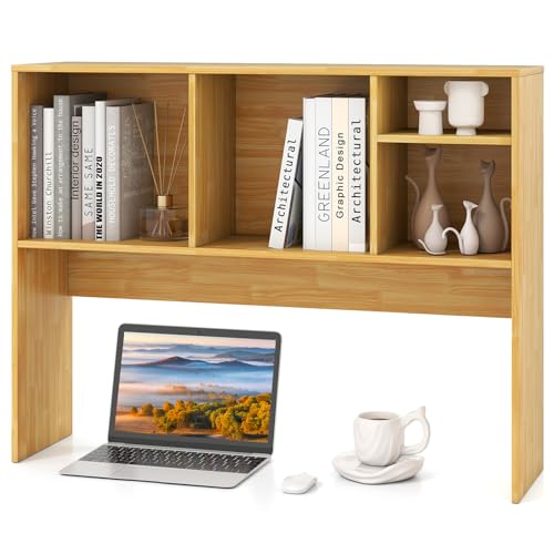 Tangkula Desktop Bookshelf, Countertop Storage Hutch with 4 Shelves for Computer Desk, Desktop 2-Tier Display Rack, Multipurpose Wood Desk Hutch Storage Organizer for Dorm Office Home - color: Burlywood, size: 4 Shelves