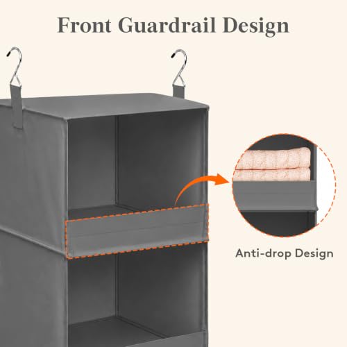 Lifewit 3 Tier Hanging Closet Storage Organizer for Shelves, Front Anti-Slip Clothes Storage Hanger with 2 Sturdy Hooks, Vertical Foldable Sweater Organization for Shlef, Wardrobe, Dorm, RV, Gray