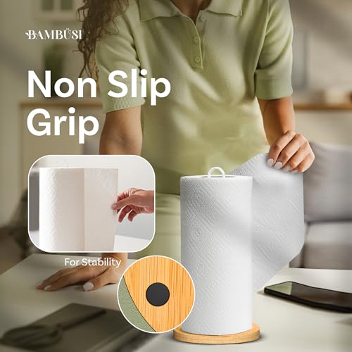 Paper Towel Holder - Wooden Countertop Stand with Non-Slip Wood Base, Minimalistic Modern Style for Kitchen, Home, Office (White) - color: Bamboo/White