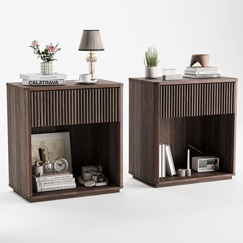 Modern Fluted Nightstand Set of 2 for Bedroom, Mid Century Bedside Table with Drawer & Open Shelf, Wood End Table, Farmhouse Night Stand for Home, Hallway, Office, Walnut - color: Walnut
