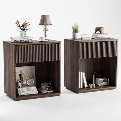 Modern Fluted Nightstand Set of 2 for Bedroom, Mid Century Bedside Table with Drawer & Open Shelf, Wood End Table, Farmhouse Night Stand for Home, Hallway, Office, Walnut - color: Walnut