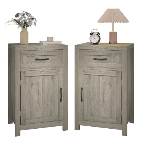 Farmhouse Nightstand Set of 2 with Drawer, 30" End Table with Storage Cabinet and Adjustable Shelf, Tall Bedside Table Rustic Wood Sofa Side Table for Living Room, Bedroom, Grey - color: Grey, size: 2 pcs