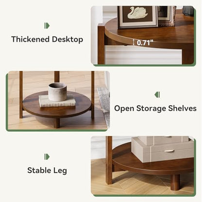 Solid Wood Side Table Set of 2, Small Round End Table with 2-Tier Storage, 19-Inch Wooden Circle Retro Nightstand, Accent Furniture for Small Spaces, Bedroom, Living Room, Brown