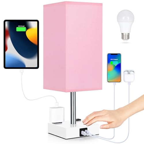 Bedside Lamp with USB Ports - Touch Control Table Lamp for Bedroom with USB C+A Charging Ports & AC Outlets, 3 Way Dimmable Nightstand Light with White Base for Living Room (LED Bulb Included, Pink) - color: Pink