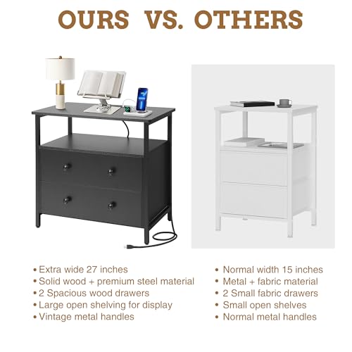Edbuosy 27 inch Wide Night Stand with Charging Station, Bedside Table with Open Shelf, 2 Drawers Small Wood Dresser, Modern Wood Nightstand for Bedroom/Living Room, Black - color: Black, size: 27"W-2 Drawers