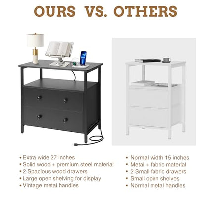 Edbuosy 27 inch Wide Night Stand with Charging Station, Bedside Table with Open Shelf, 2 Drawers Small Wood Dresser, Modern Wood Nightstand for Bedroom/Living Room, Black - color: Black, size: 27"W-2 Drawers