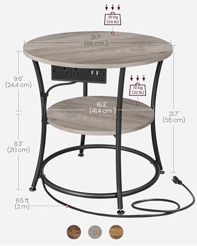 VASAGLE 21.7-Inch Round Side Table, 2-Tier End Table with Power Outlets, Nightstand with Steel Frame, Spacious Top, for Small Spaces, Living Room, Bedroom, Heather Greige and Ink Black ULET077L01 | Nightstand with Steel Frame, Spacious Top, for Small Spac