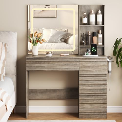 Makeup Vanity Desk with Lights, Fluted Vanity with 4 Drawers, Open Shelves, Power Outlet, LED Lighted Mirror, 3 Lighting Modes & Brightness Adjustable, Wood Dressing Table for Bedroom,Wood Grey - color: Wood Grey