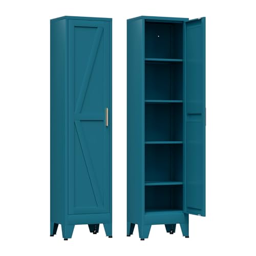 COFaR 67'' Tall Narrow Bathroom Storage Cabinet, Metal Farmhouse Skinny Pantry Cabinet with 4 Adjustable Shelves and One Door, Slim Cabinet Storage for Kitchen Laundry, 5-Tier Peacock Blue - color: Peacock Blue, size: 67 Tall Single Door-Farmhouse