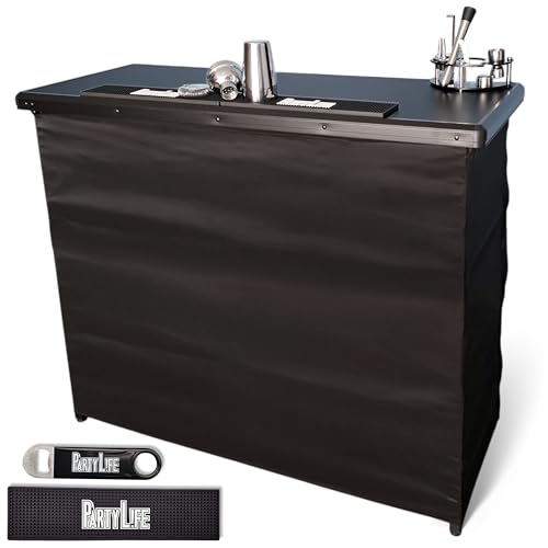 PartyLife Premium Portable Bar Table w/Folding Legs, Black Fabric Bar Skirt, 2 Storage Shelves & 2 Carrying Bags | Commercial Grade | Strong & Sturdy - Black - color: Formal, size: Premium, style: Base Model
