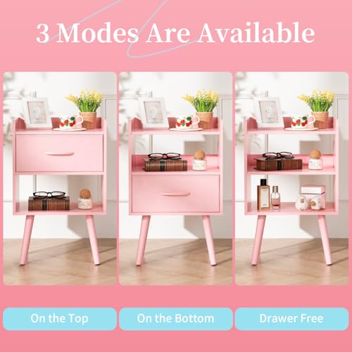 Yoobure Night Stand with Fabric Drawer, Modern Nightstand, Bedside Tables, Mid Century Nightstands with Open Storage Shelf, Wood Bedside Table, Small Night Stands for Bedrooms, 2-Tier Night Table - color: Pink