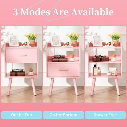 Yoobure Night Stand with Fabric Drawer, Modern Nightstand, Bedside Tables, Mid Century Nightstands with Open Storage Shelf, Wood Bedside Table, Small Night Stands for Bedrooms, 2-Tier Night Table - color: Pink