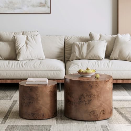 Nesting Coffee Table Set of 2, Modern Round Coffee Table, Wooden Circle Accent Tables for Small Spaces Living Room Bedroom Balcony Office Drum Side Table, Brown Burl - color: Brown Burl