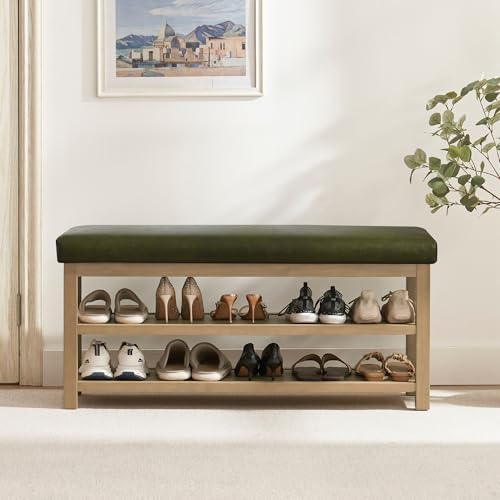Zihanhome Shoe Rack Bench with Leather Cushion, 2 Tier Solid Wood Storage Bench, Mid-Century Modern Shoe Bench for Entryway, Hallway, Closet, Front Door Entrance, Foyer (Green, 46.5) - color: Green, size: 46.5"