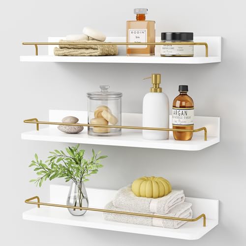 Forbena Gold Floating Shelves for Wall Decor Set of 3, Bathroom Shelves Over Toilet, Modern Display Wall Shelf with Guard Rail for Living Room Bedroom Organizers and Storage - White and Gold - color: White and Gold, size: 17 Inch