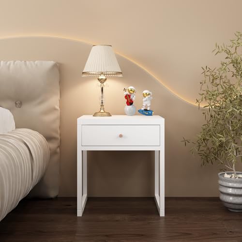Modern Minimalist White Nightstand with Drawer - Compact Bedside Table for Small Spaces, Easy Assembly, Sturdy MDF Wood, Smooth Painted Finish - Perfect for Bedroom or Apartment