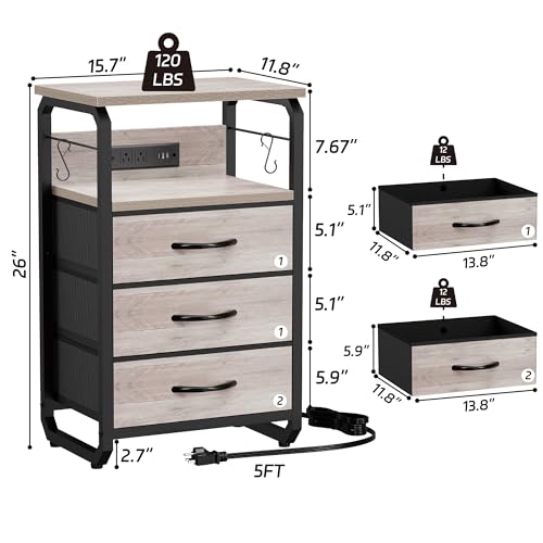 runjuly Bed Side Table with 3 Fabric Drawers, Night Stand with Charging Station, LED Nightstand with Hooks, Bedside Table End Tables with Storage, Night Tables for Bedroom (Beige) - color: Greige, style: 3 Drawers