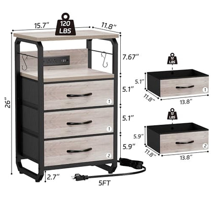 runjuly Bed Side Table with 3 Fabric Drawers, Night Stand with Charging Station, LED Nightstand with Hooks, Bedside Table End Tables with Storage, Night Tables for Bedroom (Beige) - color: Greige, style: 3 Drawers