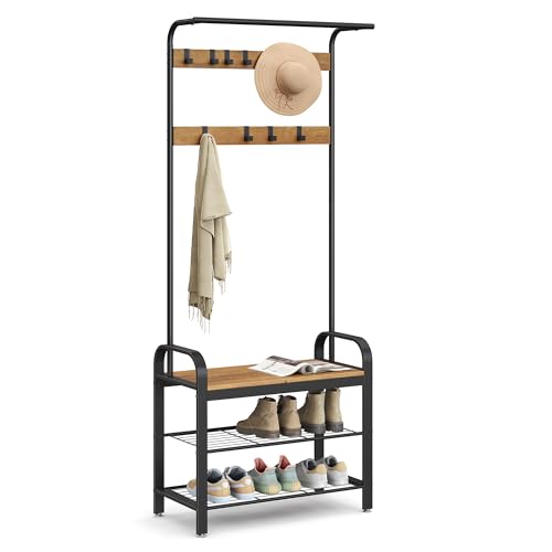 VASAGLE Coat Rack, Hall Tree with Shoe Bench for Entryway, Entryway Bench with Coat Rack, 4-in-1, with 9 Removable Hooks, a Hanging Rod, 13.3 x 28.3 x 72.1 Inches, Rustic Walnut and Black UHSR040B41 - color: Rustic Walnut + Black, size: 28.3"W