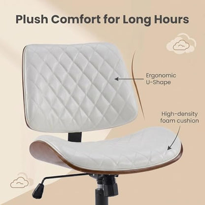Furnimart Armless Small Desk Chair with Wheels, 360° Swivel Faux Leather Vanity Chair for Bedroom, Compact Home Office Task Chair for Small Spaces, Heavy-Duty Wood Frame(PU White) - color: Faux Leather-white