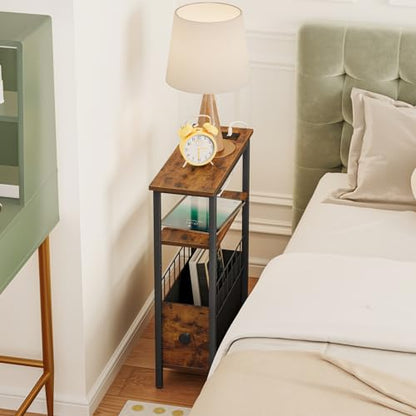 Snughome Narrow Side Table with Charging Station, Slim End Table for Small Spaces, 3 Tier Skinny Nightstand with Drawer, Sofa Beside Table with Storage Shelf for Living Room Bedroom - color: Rustic Brown