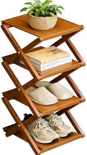 Bamboo Shoe Rack - No Assembly Required, Tall Narrow Foldable Shoe Organizer, Space-Saving Multifunctional Shelf for Entryways, Corners, Bedrooms, Balconies, 4 Layer Brown (Reinforced And Thickened ) - color: Brown, size: 4 Layers