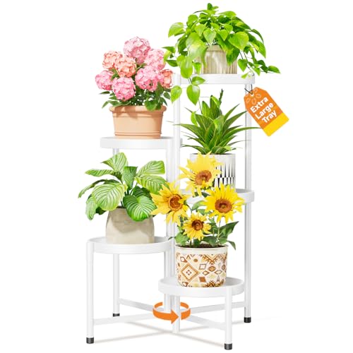 LASZOLA 5 Tiered Folding Plant Stand Indoor for Multiple Large Planter, Tall Heavy Duty Adjustable Rack with Rust Proof 10 Inch Wide Tray, Sturdy Vertical Tree Organizer for Narrow Inside Floor, White - color: Snow White, size: 5 Tier