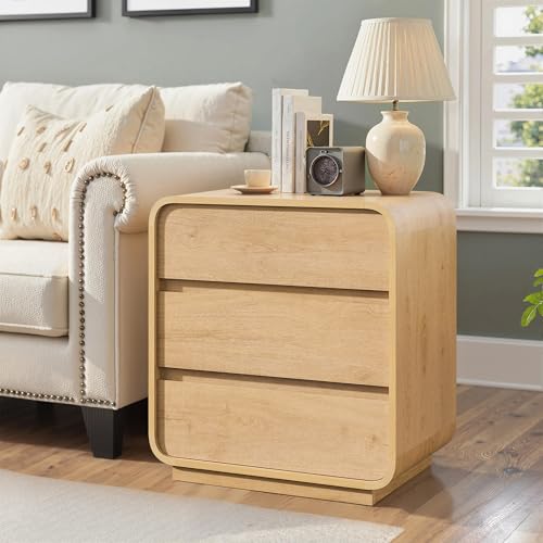 Standifurno 3 Drawers Nightstand with Charging Station, Modern Wood 25" Tall Curved Night Stand, Large End Table Bedside Table for Bedroom, Office, Sofa, Natural - color: Natural, size: 3 Drawers (1PC)