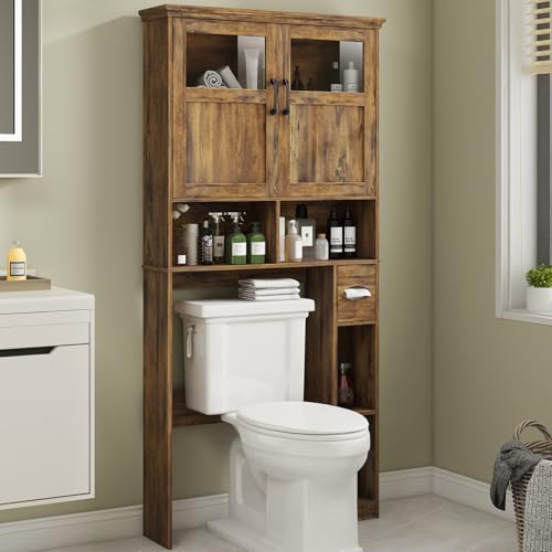 Vabches Over The Toilet Storage Cabinet with Doors & Paper Holder, Brown | Freestanding Toilet Shelf Space Saver with Anti-Tip Design & Adjustable Shelf or Restroom, Bathroom, Laundry - color: Brown, size: W33.03''