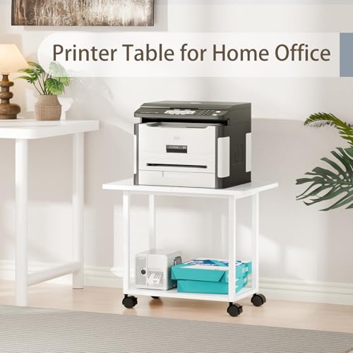 MARTY 22"x15.75" Large Printer Stand Under Desk, Rolling Cart Printer Table | 2 Tier Rolling Printer Cart with Wheels, Storage Shelf, Fit Printer/Fax/3d/Scanner, For Home Office Dorms, Heavy Duty, White - color: White