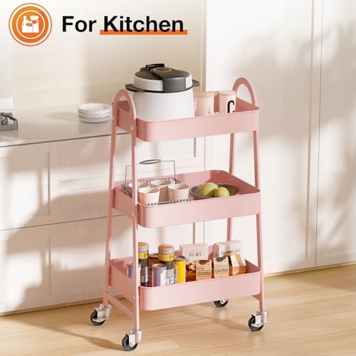 NEWBULIG 3-Tier Metal Rolling Cart with Lockable Wheels, Heavy Duty Mobile Utility Storage Shelf, Roller Book Snack Cart, Organization for Livingroom, Bathroom, Office, Pink | Mobile Organizer Shelf, Space-Saving, Freestanding, Bathroom, Living Room, Slim