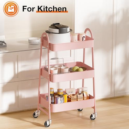 NEWBULIG 3-Tier Metal Rolling Cart with Lockable Wheels, Heavy Duty Mobile Utility Storage Shelf, Roller Book Snack Cart, Organization for Livingroom, Bathroom, Office, Pink | Mobile Organizer Shelf, Space-Saving, Freestanding, Bathroom, Living Room, Slim
