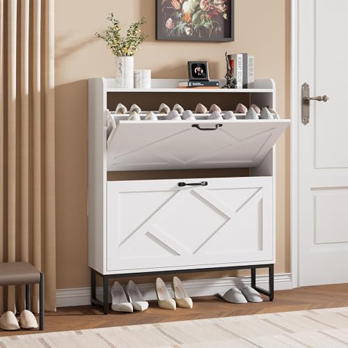 Nicetree Shoe Storage Cabinet with 2 Flip Drawers, Entryway Cabinet, White | Slim Shoe Cabinet with Metal Legs, Narrow Farmhouse Shoe Organizer for Entryway, Foyer, Hallway, Wood Shoe Rack with Hook - color: Alabaster
