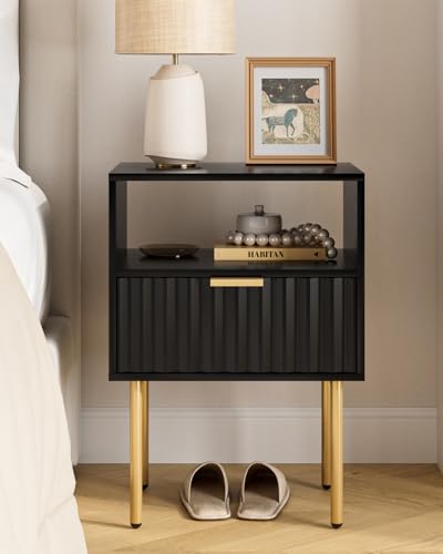 Night Stand,Modern Bedside Table with Drawer and Shelf,Black Night Stand with Gold Frame,Small Side Table for Bedroom,Living Room - color: Black
