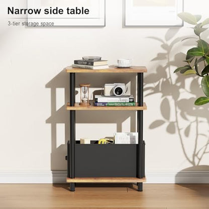 Apicizon Small Narrow Side Table, 3-Tier Skinny End Table for Small Spaces, Slim Nightstand with Fabric Basket, Bedside Table for Living Room, Bedroom, Rustic Brown and Black - color: Rustic Brown and Black, style: Narrow Side Table with Basket