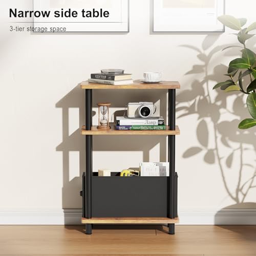 Apicizon Small Narrow Side Table, 3-Tier Skinny End Table for Small Spaces, Slim Nightstand with Fabric Basket, Bedside Table for Living Room, Bedroom, Rustic Brown and Black - color: Rustic Brown and Black, style: Narrow Side Table with Basket