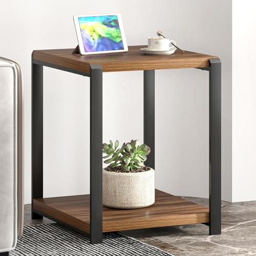 FOLUBAN Modern End Table, Square Side Table with Storage Shelf for Living Room, Rustic Wood Night Stand for Bedroom, Walnut - color: Walnut