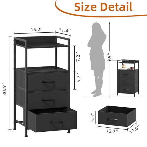 Somdot Nightstand with 3 Drawers, Dresser with Fabric Bins for Bedroom, Hallway, Entryway, Night Stand Bedside Table Furniture, Sturdy Steel Frame, Wooden Top, Easy Pull Fabric Bins, Black - color: Black, size: 11.4"D x 15.2"W x 30.6"H (3 Drawers)