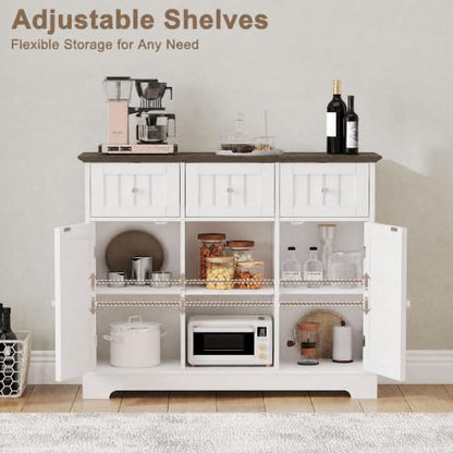 ChooChoo 35.4" Coffee Bar Cabinet with 3 Drawers and 2 Doors, White & Brown | Buffet Cabinet with Adjustable Shelves, Storage Cabinet for Compact Kitchens, Dining rooms and Living rooms - color: White & Brown