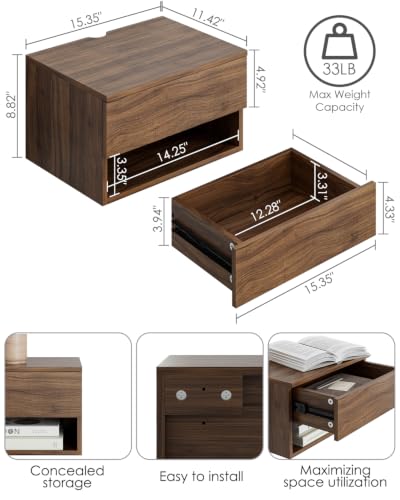 Floating Nightstand, Small Modern Floating Nightstand with Drawer, Floating Shelves for Bedroom, Bathroom (Brown Walnut) - color: Brown Walnut