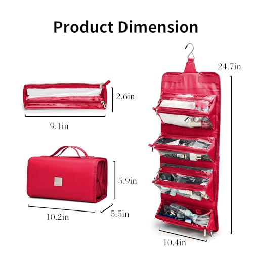 Roll Up Makeup Bag, Travel Toiletry Bag for Women with 4 Clear TSA Approved Pouches, Hanging Travel Organizer, Folding Cosmetic Bag for Men and Women - color: Red