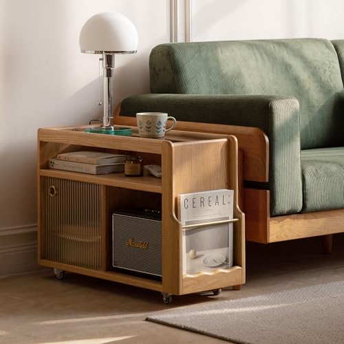 Solid Wood Narrow Side Table with Storage, End Table with Magazine Rack & Glass Door Cabinet, Small Couch Side Table for Living Room, Narrow Nightstand for Bedroom, No Assembly - color: Natural