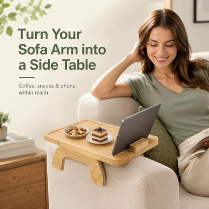 UPABLUNSO 1-Pack Couch Arm Tray Table, Bamboo Clip-On Sofa Armrest Snack Tray, Square with 360° Phone Holder, Collapsible Cozy Sofa Armrest Tray Bamboo Side Table for Drinks, Food or Something Else - color: Square Natutal