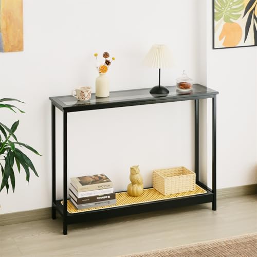 Bamboo Narrow Console Table, 39.4"(L) Wood Small Entryway Table with Rattan and Glass, Accent Slim Hallway Tables, Thin Sofa Side Tables for Hallway, Living Room, Bedroom, Foyer, Black - color: Black 39.4"(l)