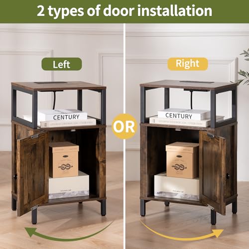 Yoobure Farmhouse NightStand with Charging Station，Wood Night Stand End Table with USB Ports, LED Bed Side Table with Storage Cabinet，Bedside Table for Bedroom, Living Room Rustic Brown - color: Rustic Brown